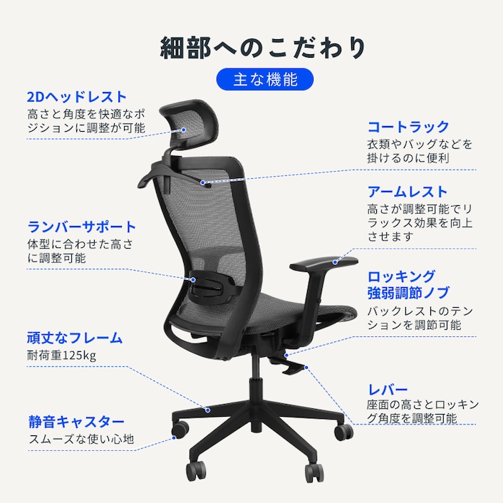 Amazon.co.jp: FLEXISPOT オフィスチェア デスクチェア OC3 多機能調節 シンクロロッキング 3段階固定 メッシュ素材  2Dヘッドレスト アームレスト ランバーサポート 静音キャスター コートラック付き（ブラック（メッシュ）） : 文房具・オフィス用品
